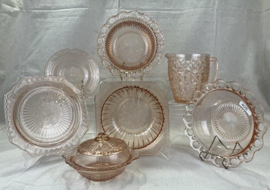 Seven Pieces of Pink Depression Glass