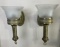 Pair of Brass Gasoliers Wall Sconces with Acid-Etched Glass Shades, Greek Key Design