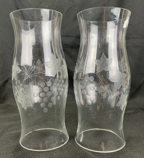 Pair of Etched Glass Hurricane Shades