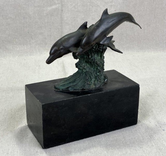 Pair of Cast Bronze Dolphins in Waves on Marble Base