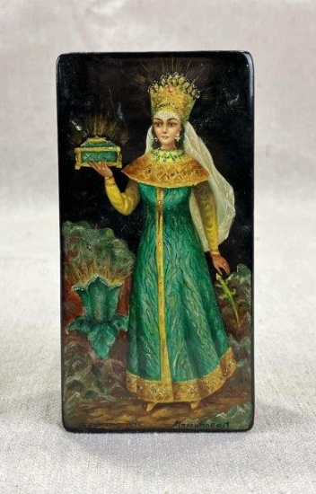 Antique Russian Hand-Painted Miniature Lacquer Box, Signed, Dated 1970