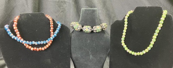 Set of Four Floral-Themed CloisonnÃ© Enamel Beads with Gold Tone Accents