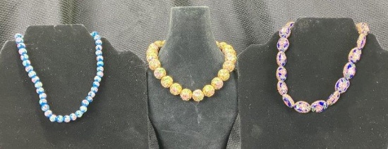 Set of Three Floral-Themed CloisonnÃ© Enamel Beads with Gold Tone Accents