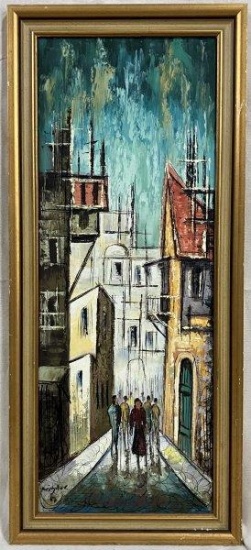 Mid-Century Modern Cityscape, Oil on Board