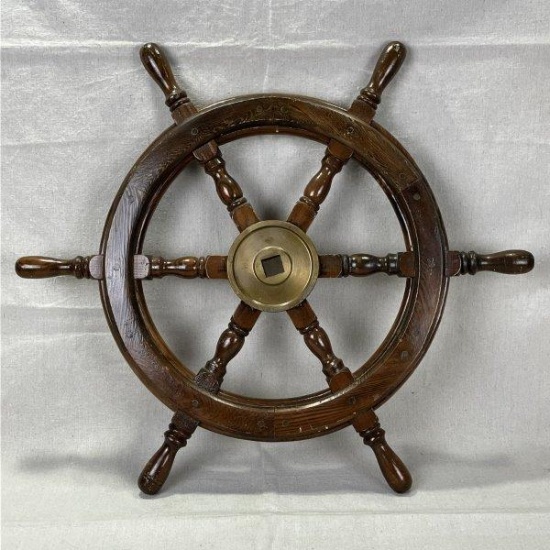 Vintage Shipâ€™s Wheel with Brass Hub
