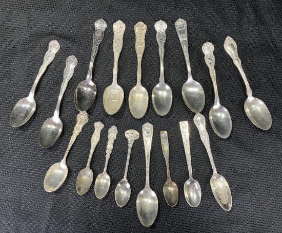 Collection of 17 Silver Plate Souvenir Spoons