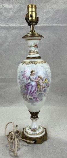 Gilded Porcelain Lamp with Grecian Painted Motif and Brass Accents