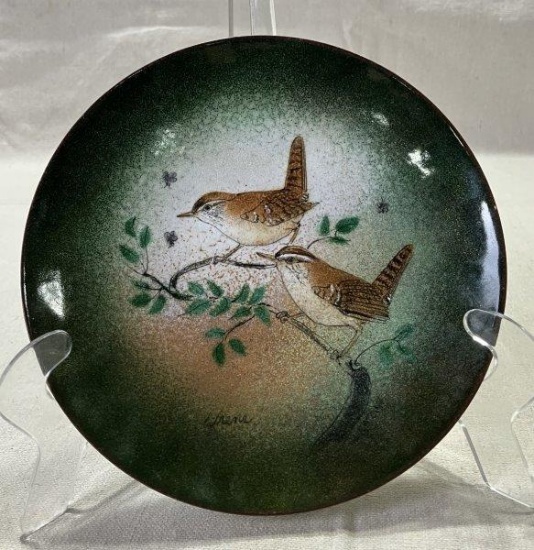 Decorated Enamel Plate with Hand-Painted Wrens