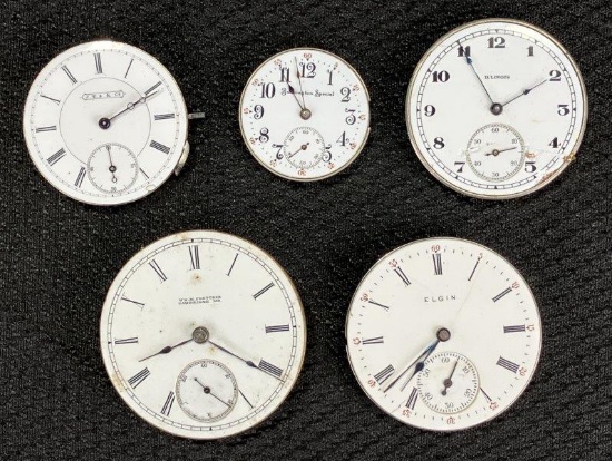 Collection of Antique Watch Faces with Movements - Elgin, Illinois & Others