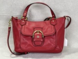 Coach Red Leather Signature Shoulder Bag with Buckle Closure
