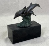 Pair of Cast Bronze Dolphins in Waves on Marble Base