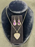 Sterling Silver Amethyst Stone Locket and Earrings