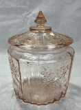 Pink Depression Glass Biscuit Jar with Lid, Mayflower Pattern