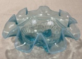 Jefferson / Northwood Blue Opalescent Ruffled Edge Footed Bowl