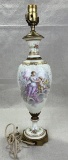 Gilded Porcelain Lamp with Grecian Painted Motif and Brass Accents