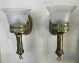 Pair of Brass Gasoliers Wall Sconces with Acid-Etched Glass Shades, Greek Key Design