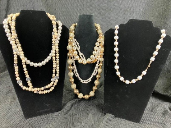 Costume Jewelry Necklace Assortment Featuring Gold Tone and Faux Pearl Elements