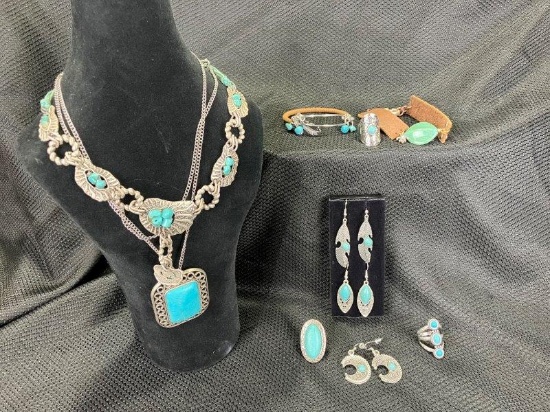 Southwestern Turquoise-Toned Silvertone Jewelry Grouping