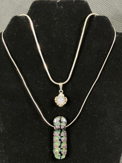 Sterling Silver Necklaces with Iridescent Colored Glass Pendants