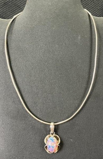 Sterling Silver and Iridescent Glass Pendant Necklace