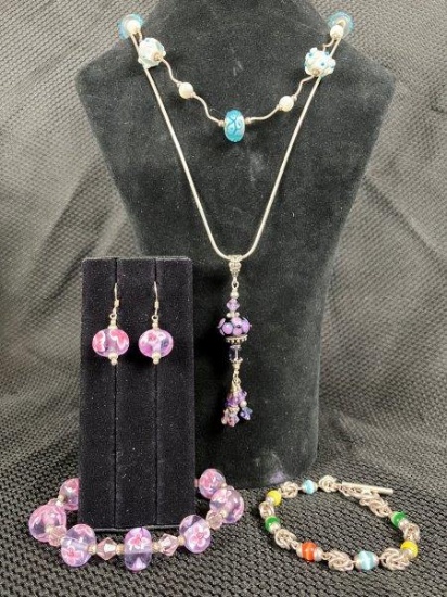 Floral Blown Glass Jewelry Collection with Sterling Silver Bracelet