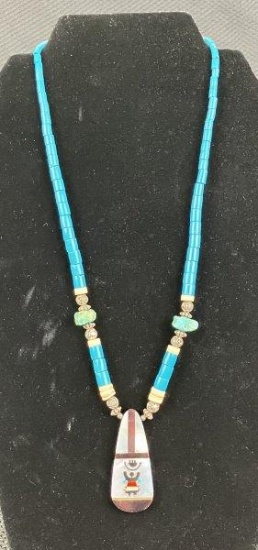 Abalone Inlay and Turquoise Stone Native American Motif Necklace