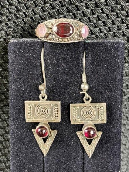 Garnet and Sterling Silver Ring and Earring Set