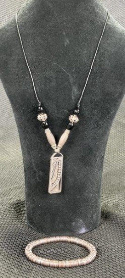 Sterling Silver Modern Design Necklace and Silvertone Beaded Bracelet