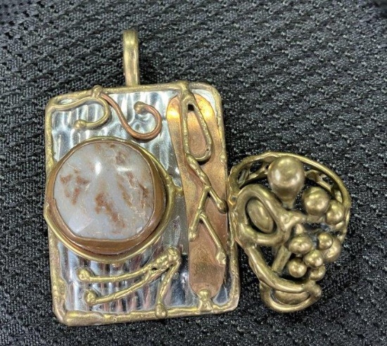 Handcrafted Mixed Metal Modern Pendant and Ring Pairing