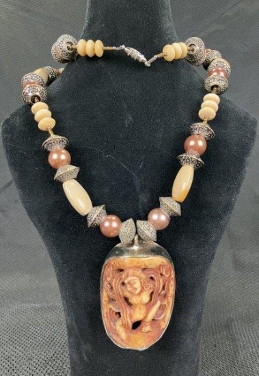 Lois S. Beiker Ivory-Style Figurative Carved and Beaded Necklace