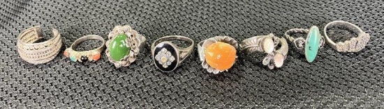 Group of Eight Sterling Silver Rings Collection