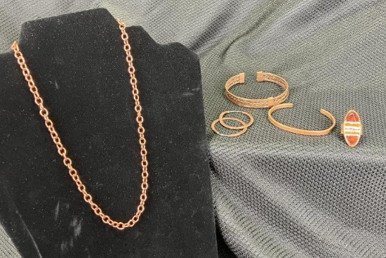 Copper-tone Jewelry Assortment Featuring Vintage Enamel Brass Ring