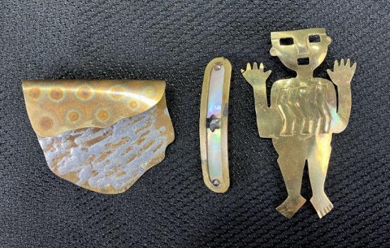 Mixed Metal Brooch Pins Featuring Abalone and Brass Tones