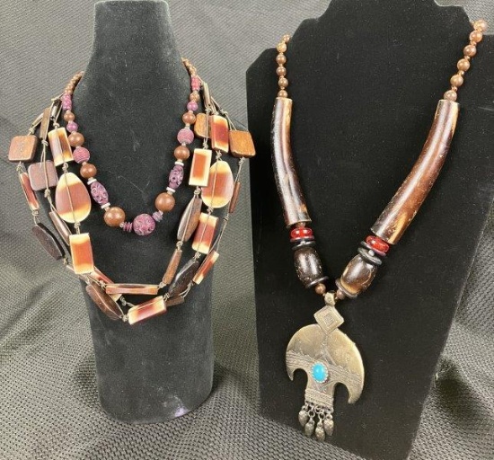 Jewelry Trio Featuring Southwestern Style Turquoise Stone, Brass, and Polished Horn Necklace