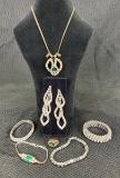 Vintage Emerald-Tone Stone and Rhinestone Jewelry Collection