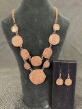 Coppertone Linear Diagonal Pattern Statement Necklace and Earrings