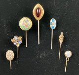 Antique and Vintage Pin Collection Featuring Enamel Work and Natural Stone
