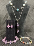 Floral Blown Glass Jewelry Collection with Sterling Silver Bracelet