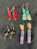 Group of Four Natural Stone Earrings Featuring Turquoise, Smoky Quartz, and Sterling Silver