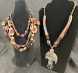 Jewelry Trio Featuring Southwestern Style Turquoise Stone, Brass, and Polished Horn Necklace