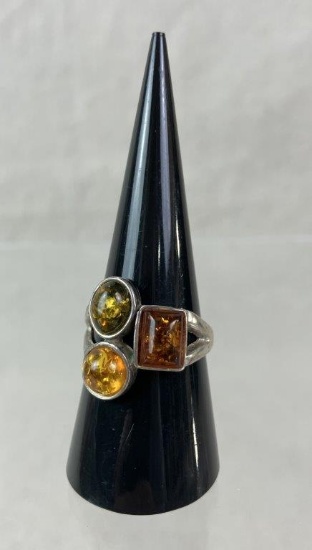 Artisan Sterling Silver and Amber Three-Stone Ring