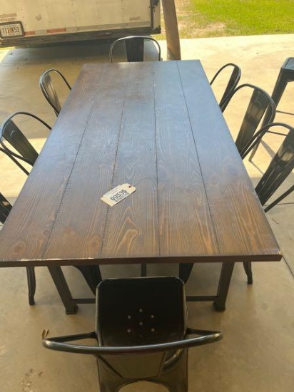 FAMILY WOOD TABLE WITH 8 METAL CHAIRS