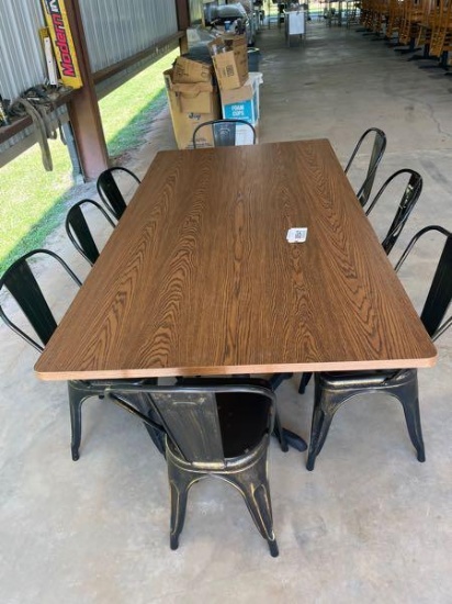 FAMILY WOOD TABLE WITH 8 METAL CHAIRS