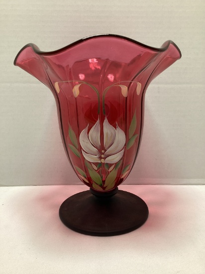 Signed Hand Painted Fenton Pedestal Vase