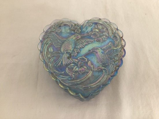 Fenton Iridescent Heart Shaped Hummingbird Trinket Box