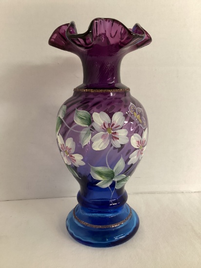 Signed Hand Painted Fenton Mulberry Vase