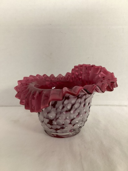 Fenton Hand Blown Cranberry Hobnail Ruffled Edge Dish with Handle