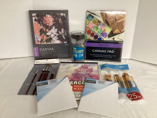 Watercolor Pad, Canvases, and Brushes