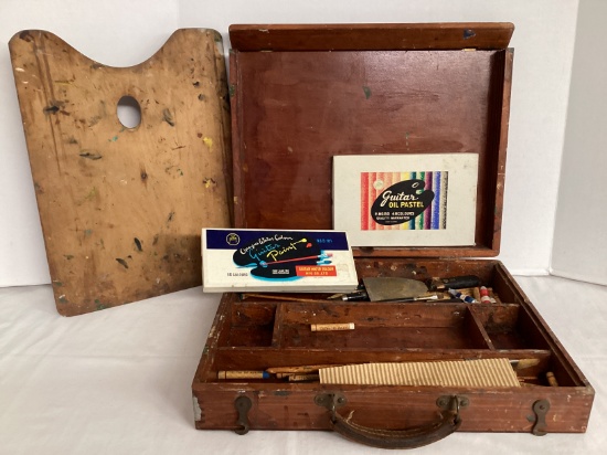 Artist's Wood Case with Pallette and Supplies
