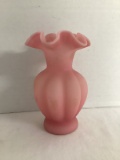 Vintage Fenton Satin Glass Rose Vase with Ruffled Edge